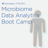 Microbiome Data Analytics Boot Camp logo with graphic of a person with dots surrounding the body in the background